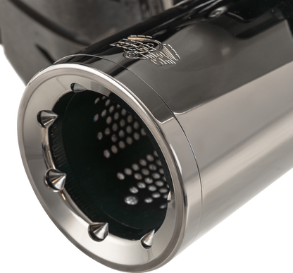 VANCE & HINES Hi-Output Slip-On Mufflers in dark chrome with 4.5-inch diameter for high-performance motorcycles.