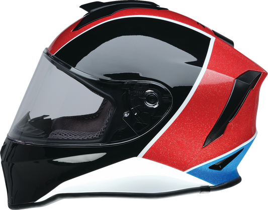 Z1R Youth Warrant 2.0 snow helmet in Fresh Pow Red, white, and blue, medium size, with vents and adjustable straps.