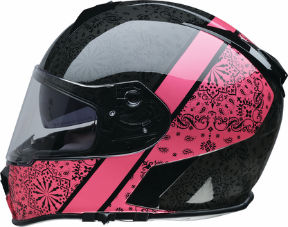 Z1R Warrant helmet in pink with polycarbonate shell, sun visor, and ventilation system, size XL, shown from front view.
