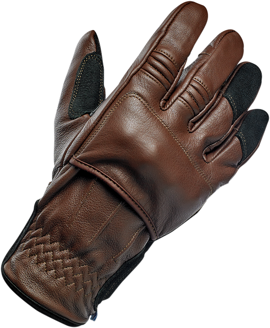 Bill's Exhausts BILTWELL Belden Gloves in chocolate and black, XS size, showing soft leather material and stylish design.