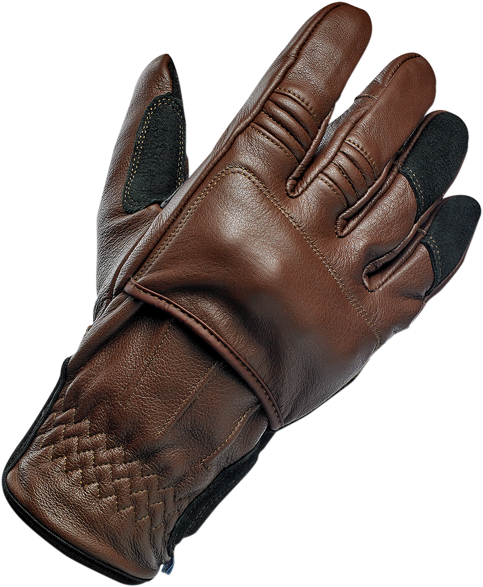 Bill's Exhausts BILTWELL Belden Gloves in chocolate and black, large size, showing the leather gloves with detailed stitching.