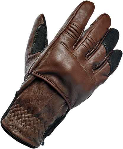 Bill's Exhausts BILTWELL Belden Gloves in chocolate and black, large size, showing the leather gloves with detailed stitching.