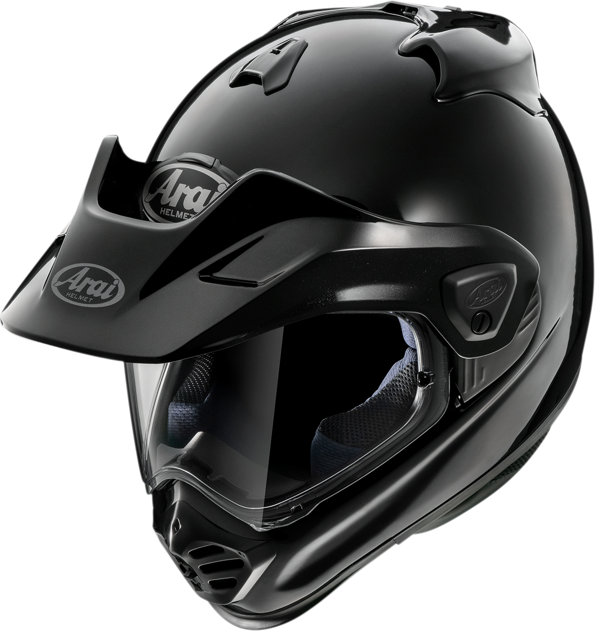 Black ARAI XD-5 helmet in medium size, featuring aerodynamic design and safety features for motorcycle riding.