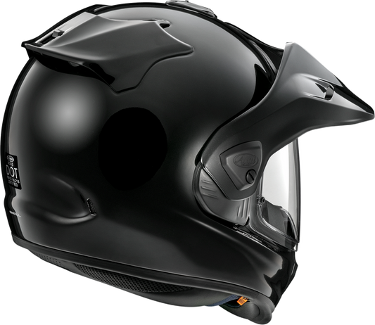 Arai XD-5 black motorcycle helmet in extra small size, showing the sleek design and secure strap system on a neutral background.