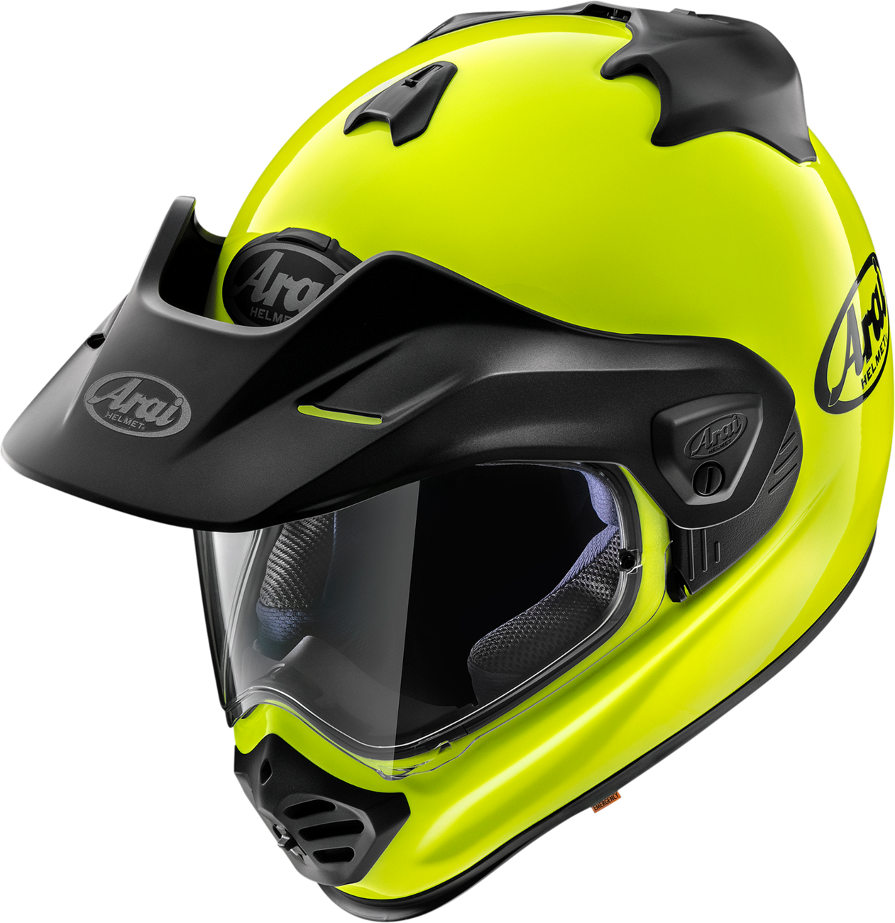 Arai XD-5 fluorescent yellow helmet with VAS-A shield system and Max-Vision shield, size XS, designed for motorcycle riding safety.