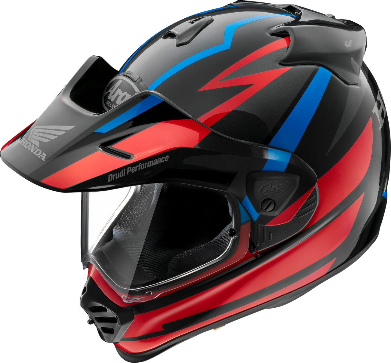 Red ARAI Helmets XD-5 motorcycle helmet for Honda Africa Twin, medium size, with aerodynamic design and secure strap.