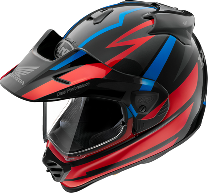 Red ARAI Helmets XD-5 motorcycle helmet for Honda Africa Twin, medium size, with aerodynamic design and secure strap.