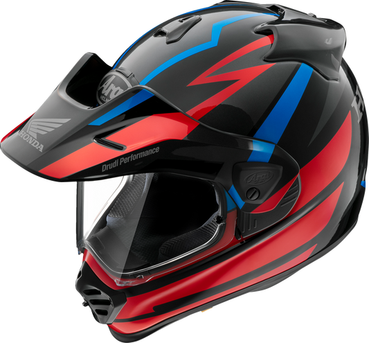 Red ARAI Helmets XD-5 motorcycle helmet for Honda Africa Twin, medium size, with aerodynamic design and secure strap.