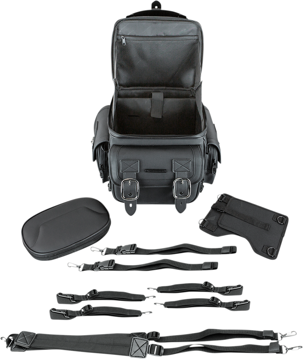Black SADDLEMEN BR1800D Sissy Bar Bag on motorcycle seat, designed for secure storage and stylish look.