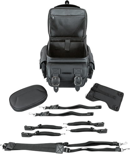 Black SADDLEMEN BR1800D Sissy Bar Bag on motorcycle seat, designed for secure storage and stylish look.