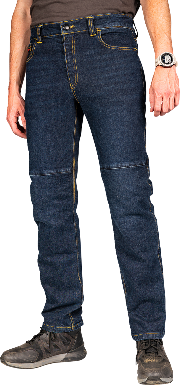 Blue ICON Uparmor™ Jean by Bill's Exhausts, men's denim with classic fit and detailed stitching, size 34.