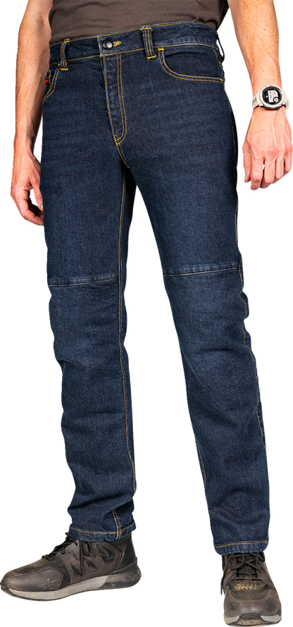 Blue ICON Uparmor™ Jean by Bill's Exhausts, men's denim with classic fit and detailed stitching, size 34.