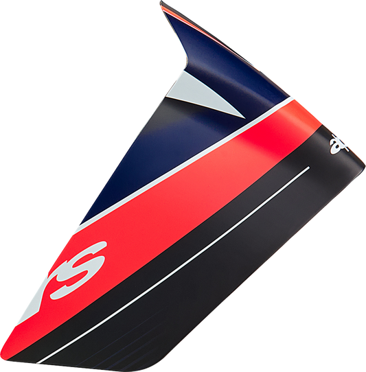 Alpinestars Supertech R10 race helmet spoiler in matte black, carbon red fluo, and blue, designed for aerodynamic performance.