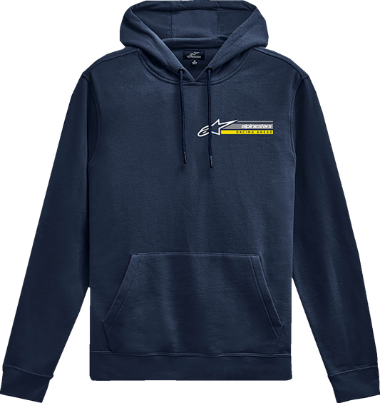 Alpinestars Par pullover hoodie in navy, medium size, featuring comfortable cotton-polyester blend and race logo details.