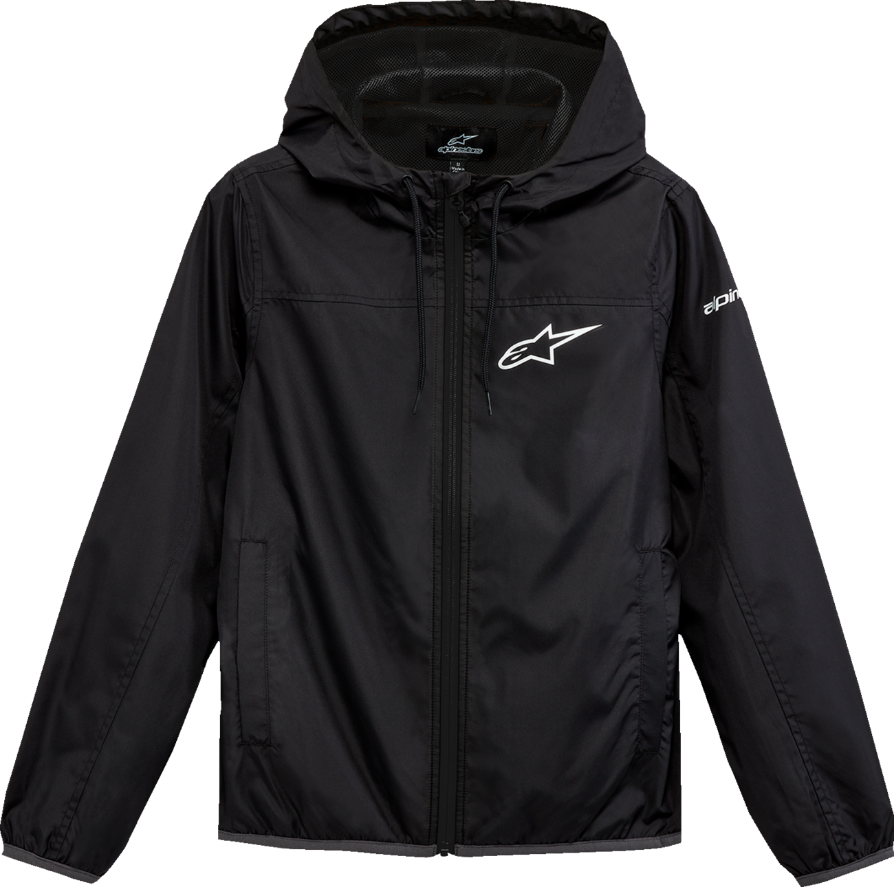 Alpinestars Women's TREQ Windbreaker Jacket in black, size large, shown on a hanger with a front view.