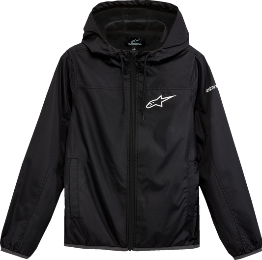 Alpinestars Women's TREQ Windbreaker Jacket in black, size large, shown on a hanger with a front view.