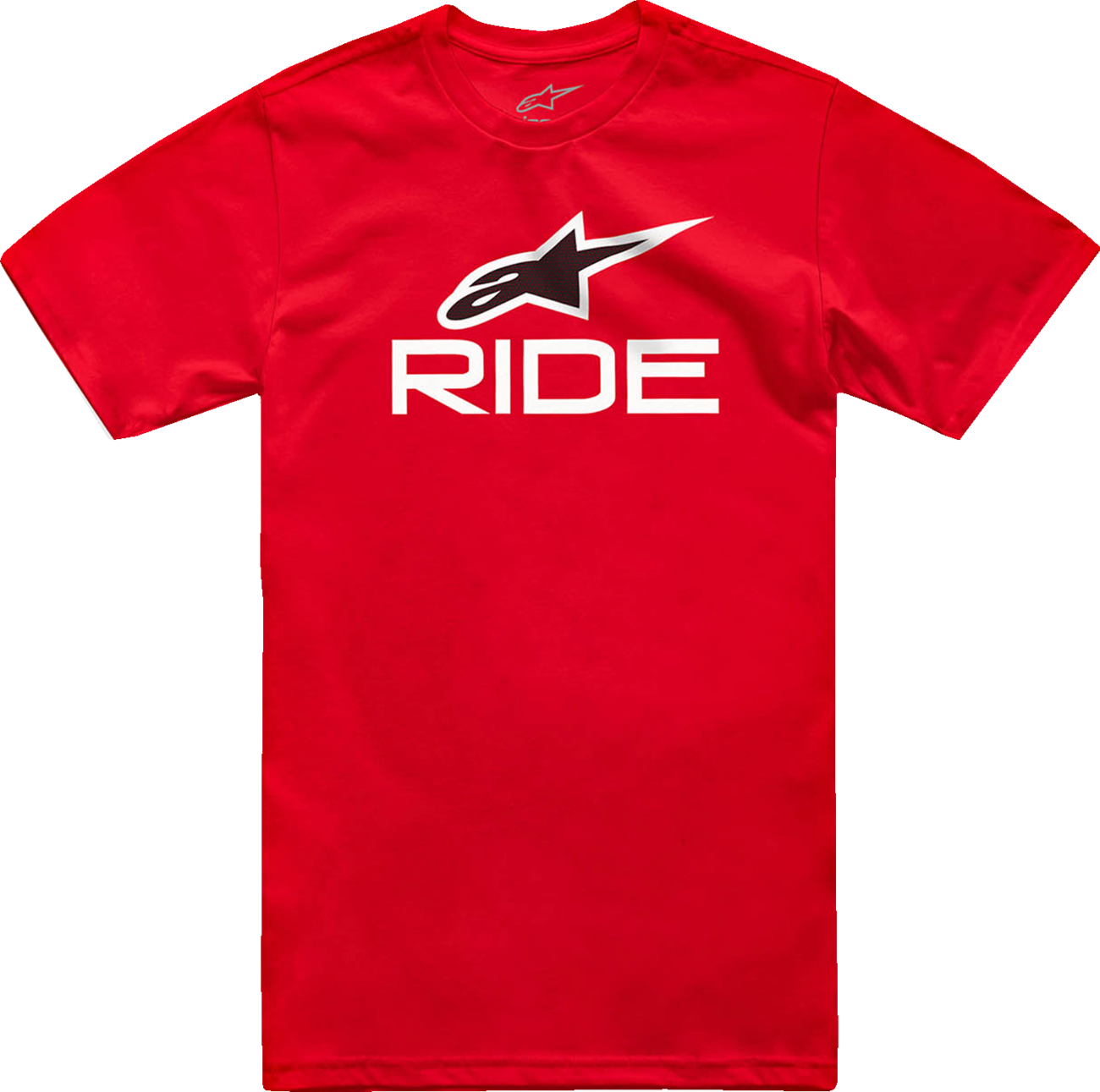 Alpinestars Ride 4.0 T-shirt in red, white, and black, medium size, featuring the Alpinestars logo and sporty design.