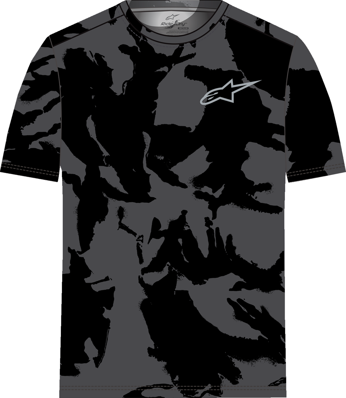 Alpinestars black and camo performance T-shirt in medium size with bold camo pattern and Alpinestars branding.