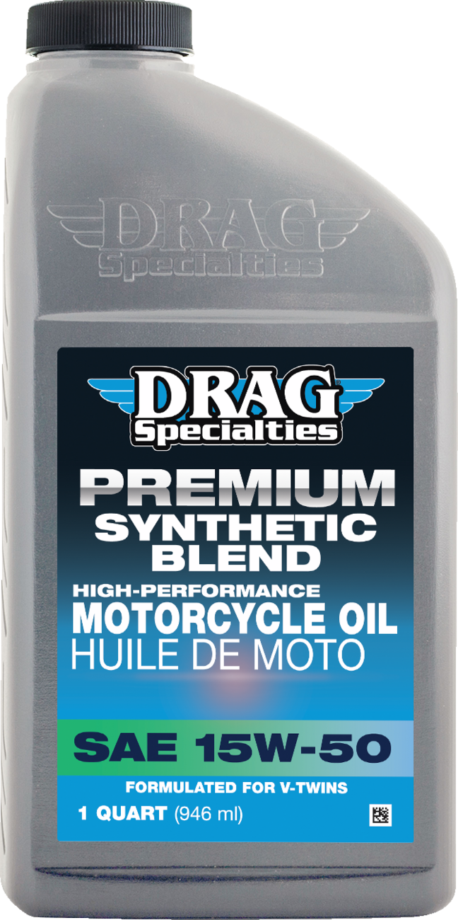 Drag Specialties 15W-50 motorcycle oil for Harley-Davidson Revolution Max engines, 1-quart container with product label.