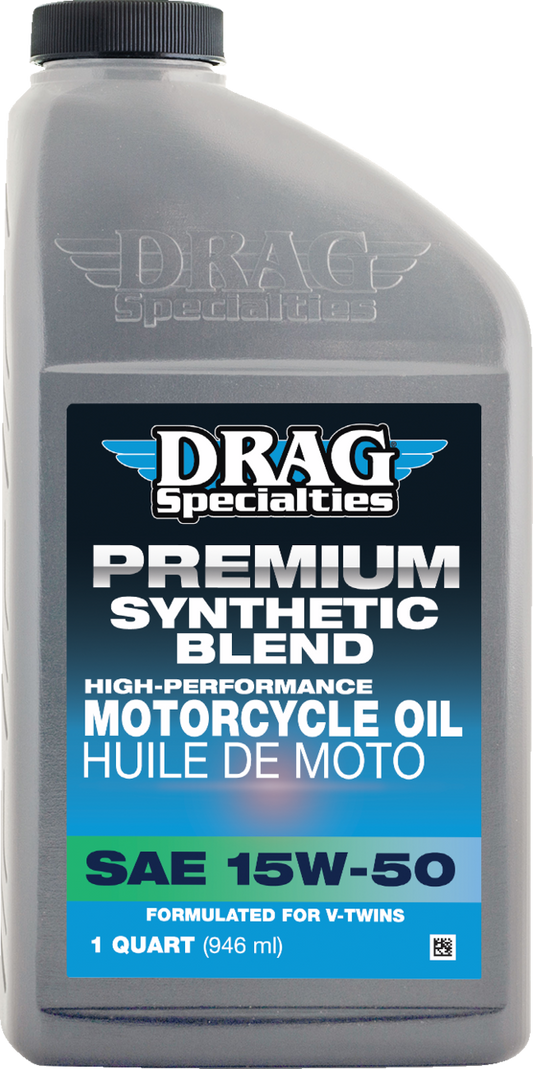 Drag Specialties 15W-50 motorcycle oil for Harley-Davidson Revolution Max engines, 1-quart container with product label.
