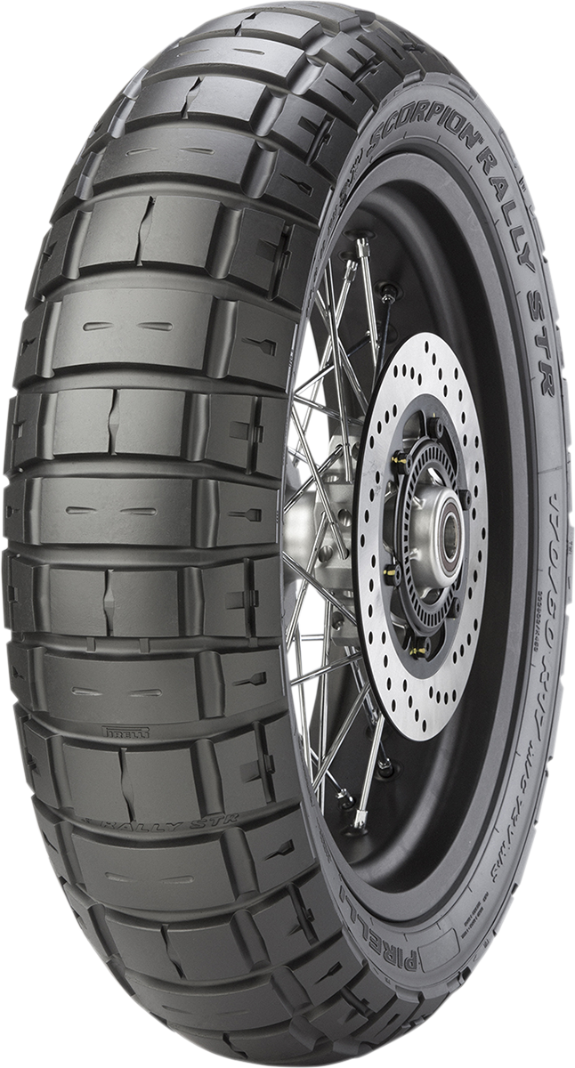 PIRELLI Scorpion™ Rally STR rear tire with 130/80R17 size, designed for off-road and on-road motorcycle performance.