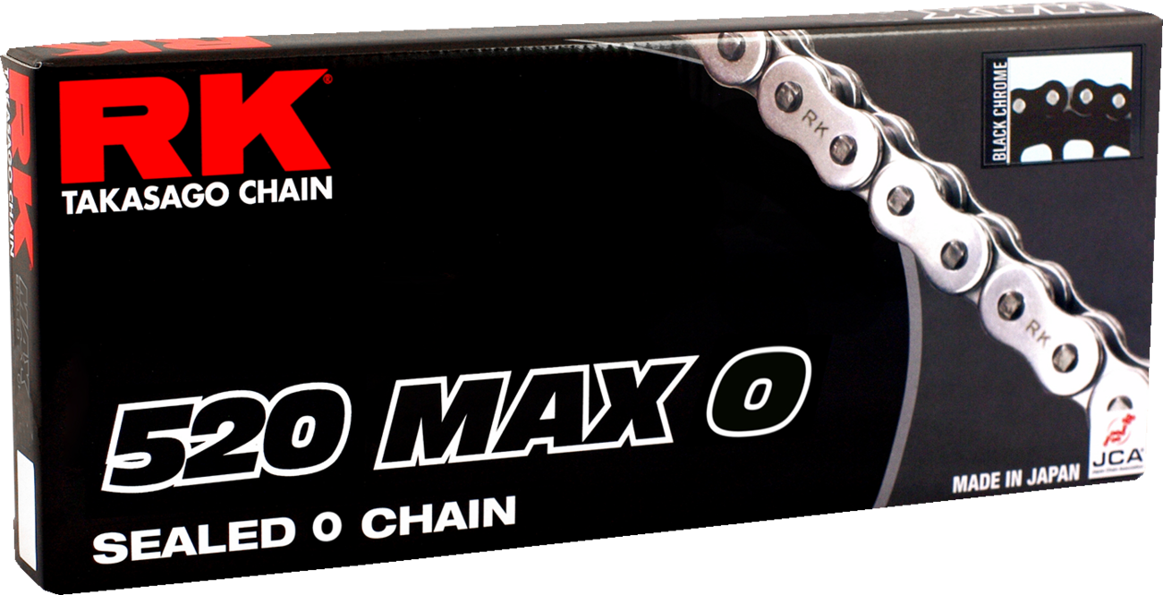 RK 520 Max O Drive chain with 120 links in black and chrome, designed for street and off-road motorcycles.