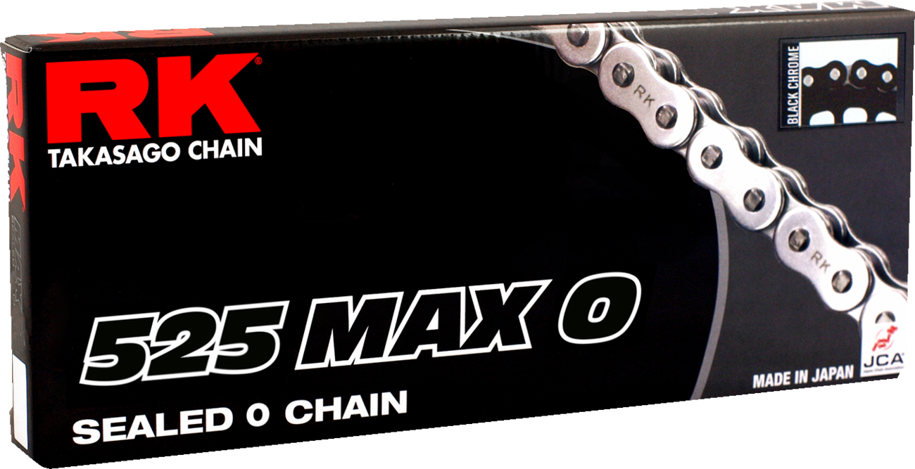 RK 525 Max O Drive Chain with 130 links, suitable for street and off-road motorcycles, showing the chain and links in detail.
