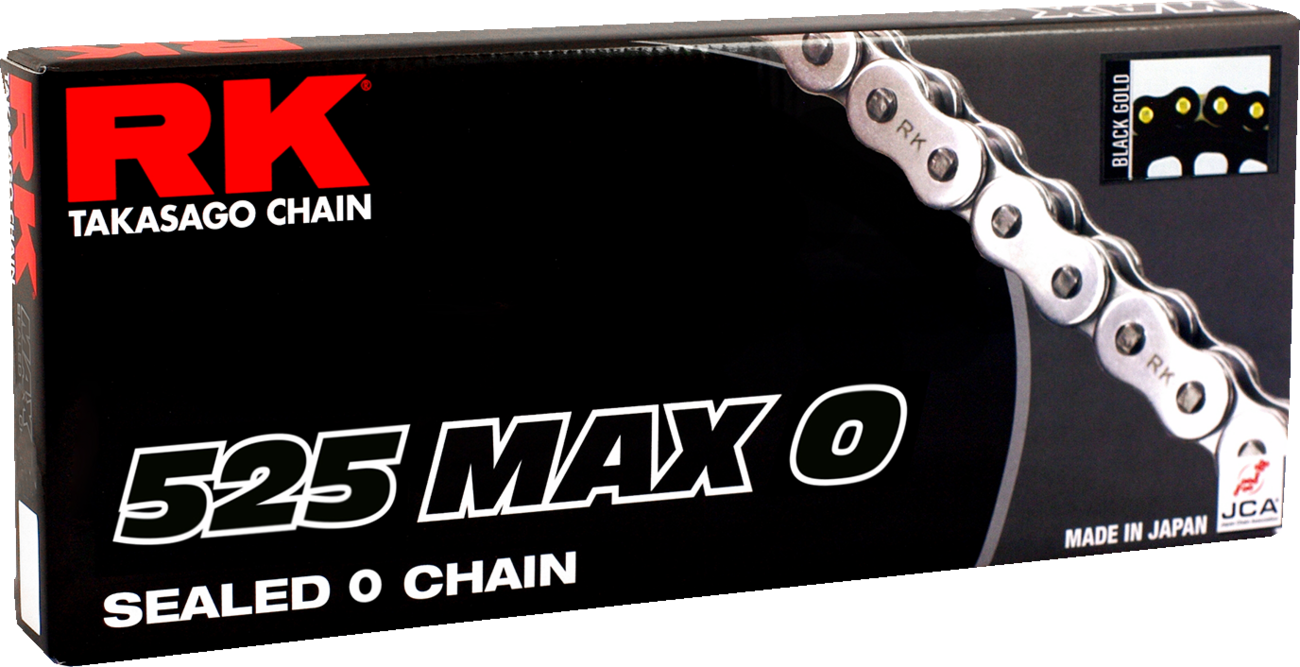 RK 525 Max O-Drive motorcycle chain with 150 links in black and gold, designed for high-performance motorcycle riding.