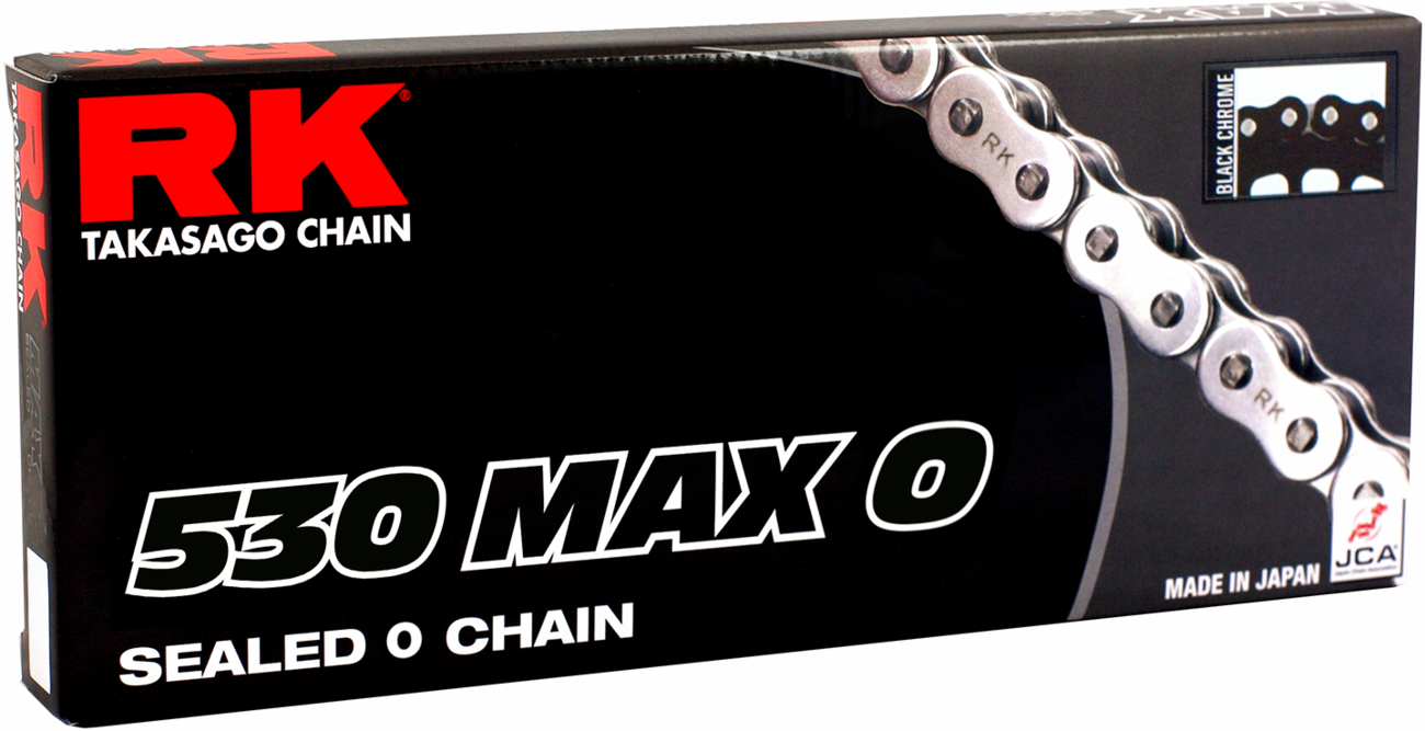 RK 530 Max O Drive chain with 150 links in black and chrome finish, designed for motorcycle performance.
