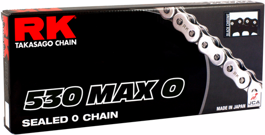 RK 530 Max O Drive chain with 150 links in black and chrome finish, designed for motorcycle performance.