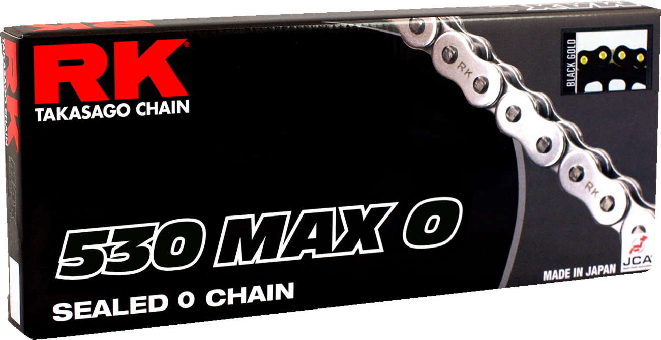 RK 530 Max O Drive Chain with 120 links in black and gold, high-performance sealed O-ring chain for motorcycles.