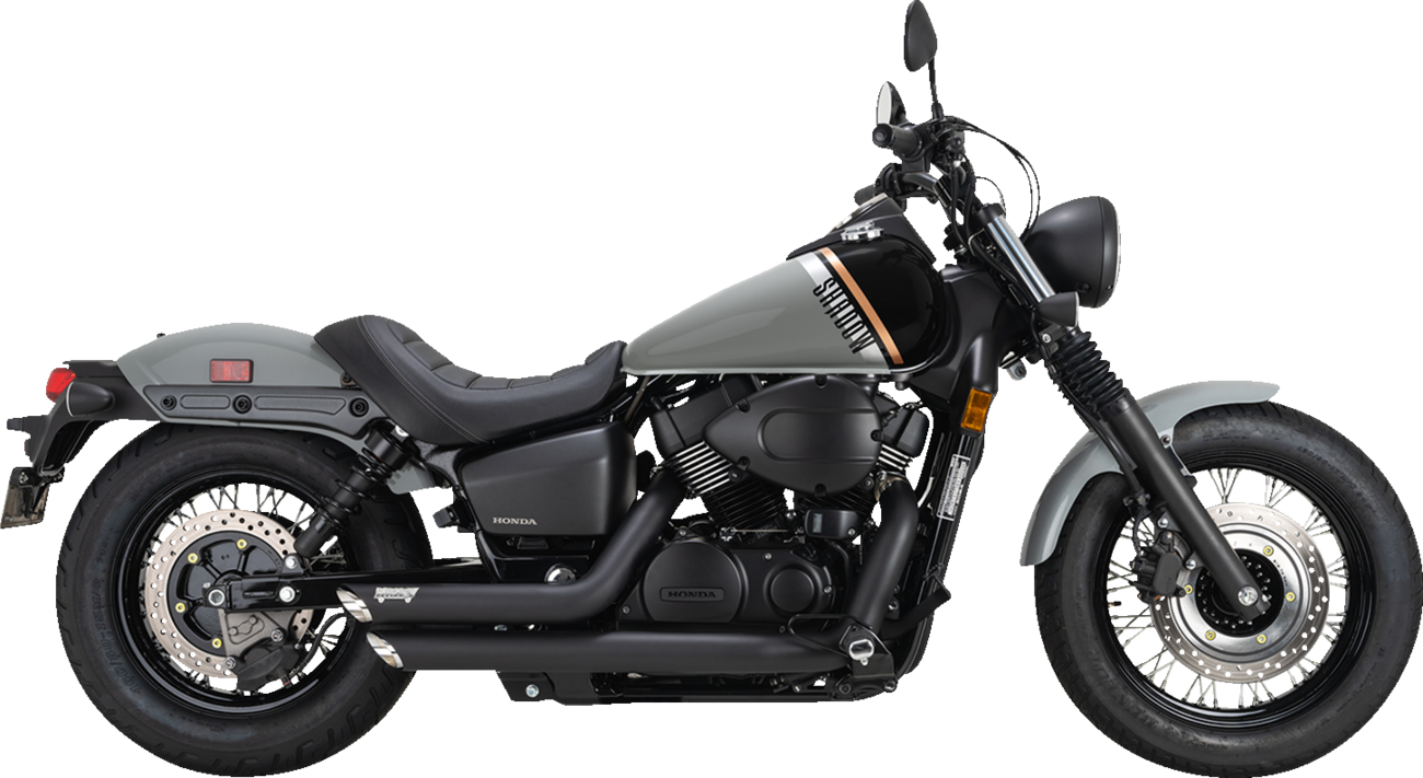 VANCE & HINES Shortshots Staggered Black Exhaust System for motorcycles, showing the sleek, black finish and chrome tips.