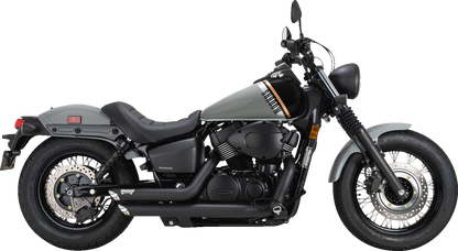 VANCE & HINES Shortshots Staggered Black Exhaust System for motorcycles, showing the sleek, black finish and chrome tips.