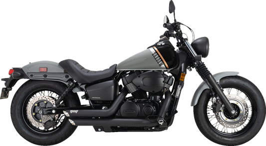 VANCE & HINES Shortshots Staggered Black Exhaust System for motorcycles, showing the sleek, black finish and chrome tips.