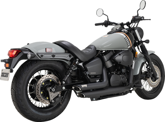 Vance & Hines Shortshots Staggered Black Exhaust System for motorcycle, showcasing sleek black finish and staggered pipe design.