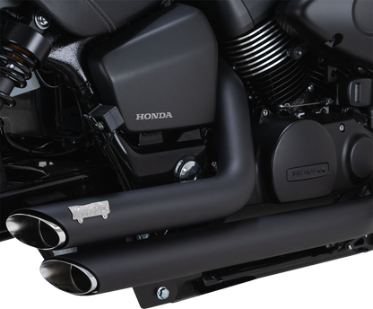 Vance & Hines Shortshots Staggered Exhaust System in black mounted on a motorcycle, showcasing the sleek, performance-oriented design.