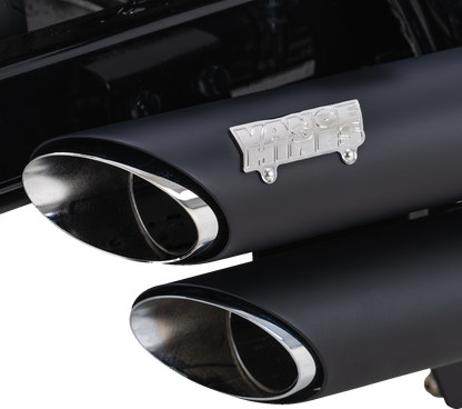 VANCE & HINES Shortshots Staggered Exhaust System in black for motorcycle, showing the sleek, staggered dual pipe design.