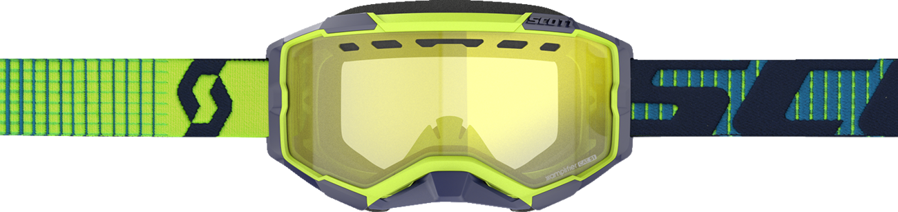 Scott Fury snow goggles in blue and yellow with an engine-style frame, detailed view of the vibrant ski gear for winter sports.