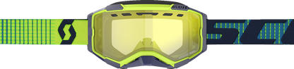 Scott Fury snow goggles in blue and yellow with an engine-style frame, detailed view of the vibrant ski gear for winter sports.