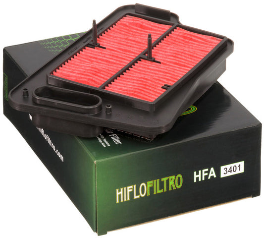 HIFLOFILTRO HFA3401 air filter for high performance engines, showing the clean, rectangular filter element with brand logo.