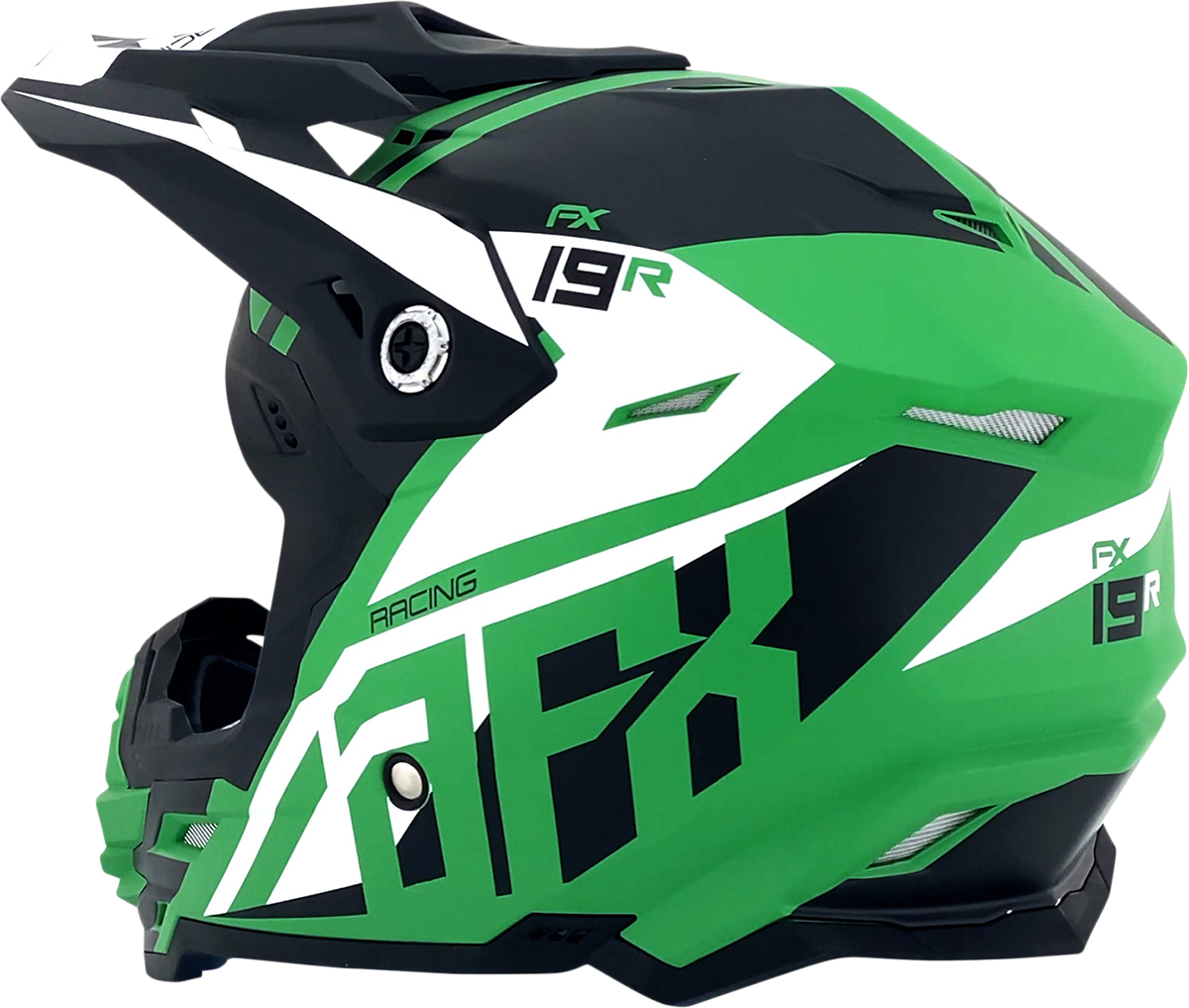 Bill's Exhausts AFX FX-19R racing helmet in matte green, medium size, with aerodynamic design and clear visor.