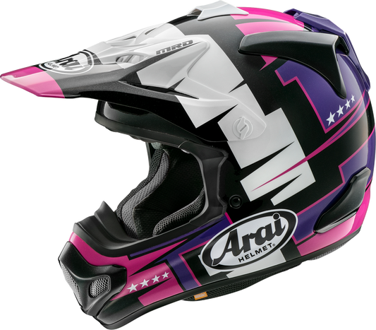 Arai VX-Pro4 Battle Purple motorcycle helmet in extra large size, featuring a sleek purple design and aerodynamic shape.