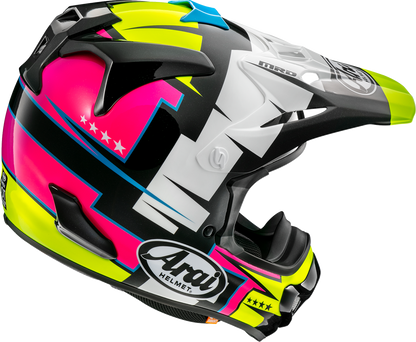 Arai Helmets VX-Pro4 Battle Yellow motorcycle helmet in extra large size, showing the vibrant yellow design and helmet details.