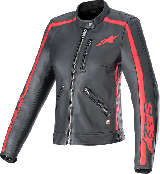 Alpinestars Stella Dyno leather motorcycle jacket in black and haute red, medium size, featuring protective armor and stylish design.