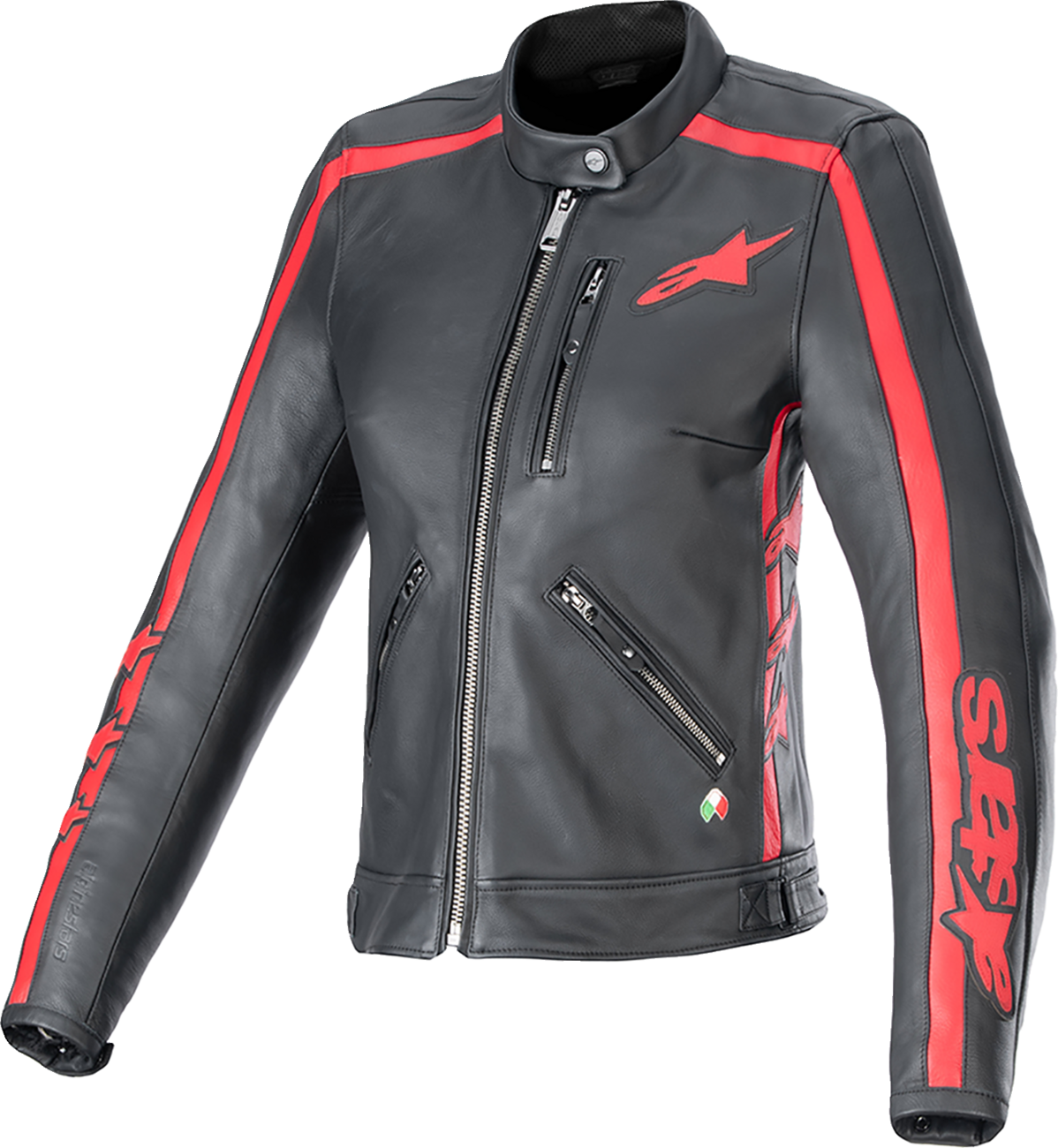 Alpinestars Stella Dyno leather motorcycle jacket in black and haute red, size small, featuring stylish design and protective gear.