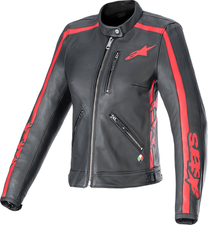 Alpinestars Stella Dyno leather motorcycle jacket in black and haute red, size small, featuring stylish design and protective gear.