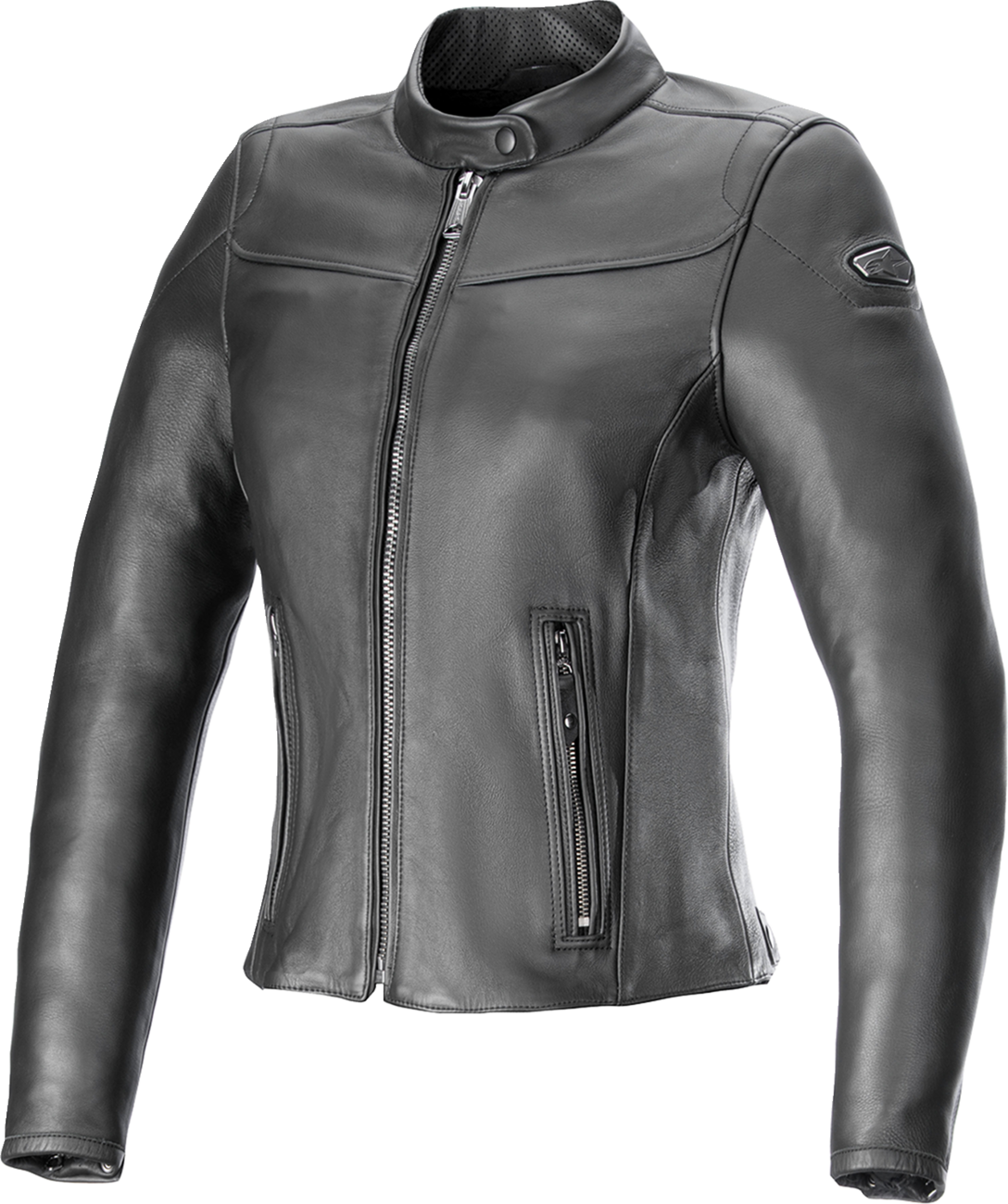 Alpinestars Stella Tory leather motorcycle jacket in black with detachable thermal vest, designed for women, size small.