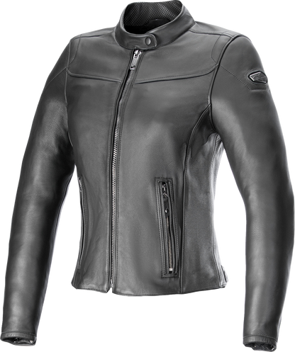 Alpinestars Stella Tory leather motorcycle jacket in black with detachable thermal vest, designed for women, size small.