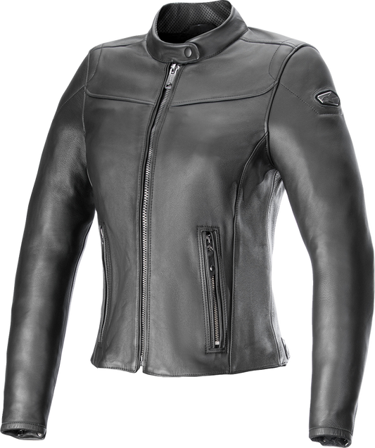 Women's black Alpinestars Stella Tory leather motorcycle jacket, size XL, with stylish design and protective features.