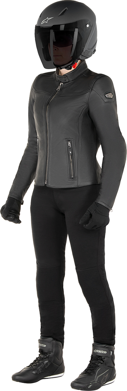 Alpinestars Stella Tory leather motorcycle jacket in black with detachable thermal vest, designed for women, size small.